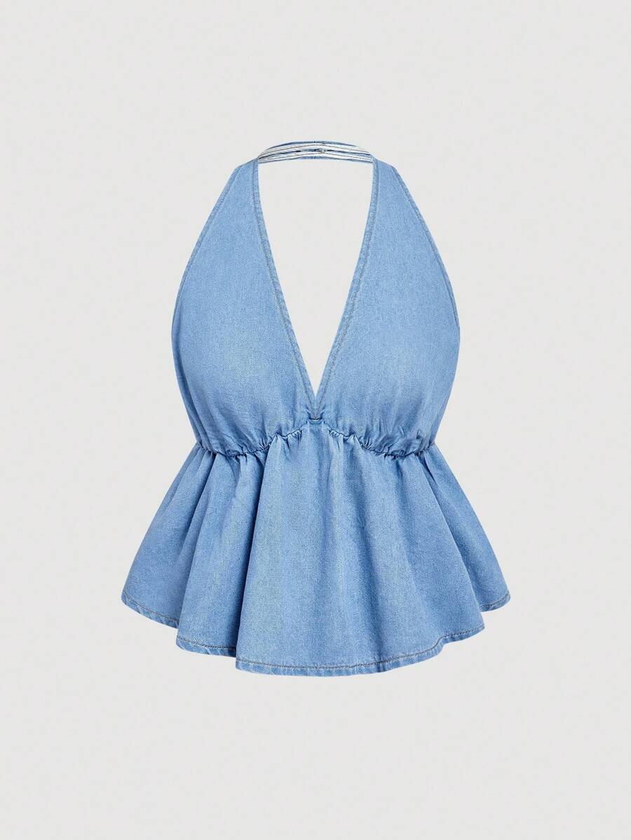 SHEIN MOD 女式性感露背挂脖牛仔衬衫，夏季 - 藍色 - 查看 1