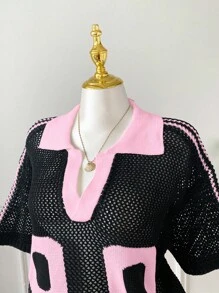 Comfortcana 大码女式休闲撞色领镂空针织上衣