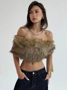 Aloruh 性感绷带露肩仿皮草短款上衣，适合音乐节穿着 - 鏽棕色 - 查看 6