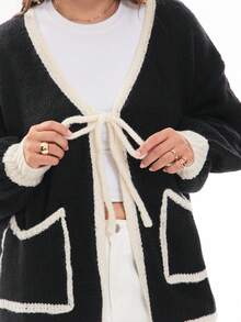 Solavibe Plus Size Casual Colorblock Drawstring Cardigan Sweater - Black - View 6