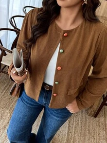 SHEIN LUNE 秋季大码女式休闲纯色灯芯绒双扣单排扣夹克 - 咖啡棕 - 查看 7