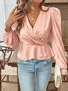 EMERY ROSE Champagne Color V-Neck Women's Casual Shirt Fall Cloth For Women - Champagne - View 5