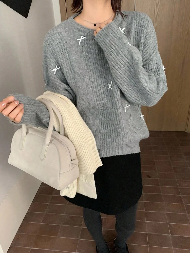Women's Casual Cable Knit Twist Bow Solid Color Crew Neck Long Sleeve Sweater, Spring/Autumn