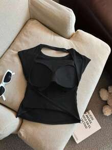 INAWLY Women's Plus Size Solid Color Backless Round Neck Cap Sleeve T-Shirt - Black - View 1