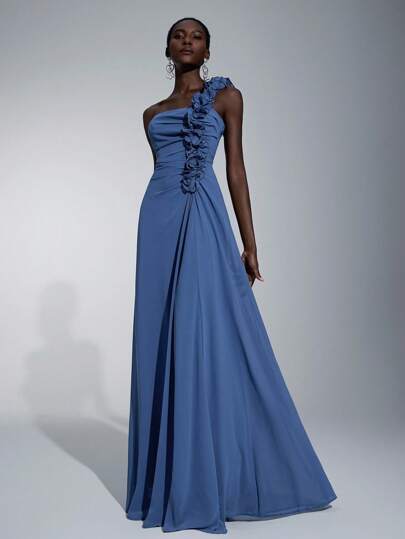 Elitara 不对称领口荷叶边伴娘礼服女士正式舞会礼服，优雅舞会晚会婚礼宾客礼服，毕业典礼、晚宴派对礼服