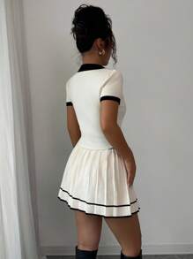 Elenzga Casual Beige Short Sleeve Shirt With Black Collar 2 Pieces Set, Vacation & School Inspired Style - Apricot - View 2