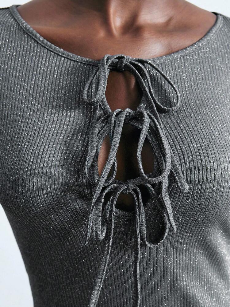 SHEIN Maija Women's Solid Color Front Tie Long Sleeve Dress Fall Clothes For Women  Halloween Clothes Women  Formal Dresses For Wedding Guest Modest Dresses Elegant Dresses For Party  Gray Dress