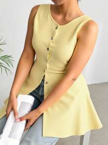 SHEIN EZwear 加大码黄色无袖针织背心，夏季清凉，商务休闲女士背心，纽扣针织上衣，女士无袖上衣，返校