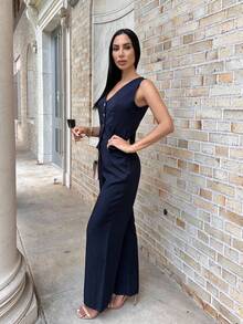 Carolina Barros 1 Set Women Elegant Sleeveless Blazer Vest And Suit Pants, Business/Office Wear, Summer - Navy Blue - View 4