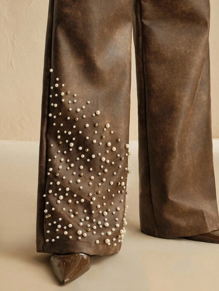 Pantalon de costume pour femmes en PU à la mode avec clous, nouvelle collection automne/hiver