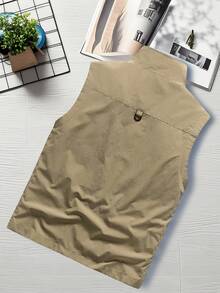 Manfinity Homme 男士休闲百搭简约无袖多口袋拉链背心，秋季 - 卡其色 - 查看 3