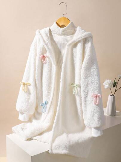 Sparklyn Abrigo de media longitud con lazo 3D esponjoso y colorido para niñas, chaqueta casual de invierno adecuada para viajes y vacaciones