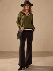 Wildy American Country Casual College Style New Winter Knit Sweater With Contrast Trim, Back To School Collection Green Sweater Women Pullover Sweater Cable Knit Sweater V-Neck Sweater Striped Trim Sweater - Green - View 4