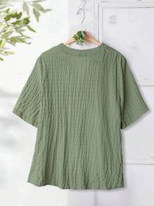 Rusticease Camisa de verano casual de talla grande, de unicolor, con botones delanteros y manga corta - verde menta - Ver 2