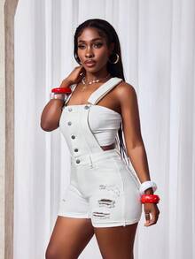 Slaydiva Summer Casual Versatile Solid Color Distressed Denim Bib Overalls - White - View 4
