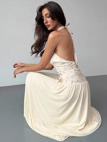 Aloruh Elegant Dresses For Party Apricot Romantic Date Party Ball Gown Halter Backless Deep V Flared Dress For Women - Apricot - View 7