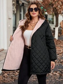 SHEIN Clasi Plus Size Women's Daily Black Contrast Pink Thick Plush Lining Hooded Long Sleeve Casual Quilted Coat, Thermal Lined To Keep Warm And Cold,Comfortable And Warm From The Cold,2025 New,Winter,Vintage,Going Out,Fall,Winter,Fall, Office,Fall,Classy,Fall,Halloween Costumes,Old Money Style - Black - View 11