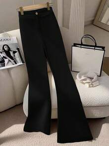 GlowEve CURVE 大码女式优雅通勤休闲纯色高腰口袋工作裤 - 黑色 - 查看 7