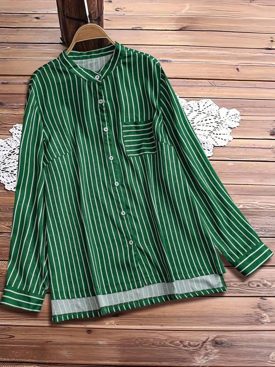 Linhara Plus Size Women Striped Long Sleeve Casual Shirt, Autumn Fall Cloth For Women - Dark Green - View 1