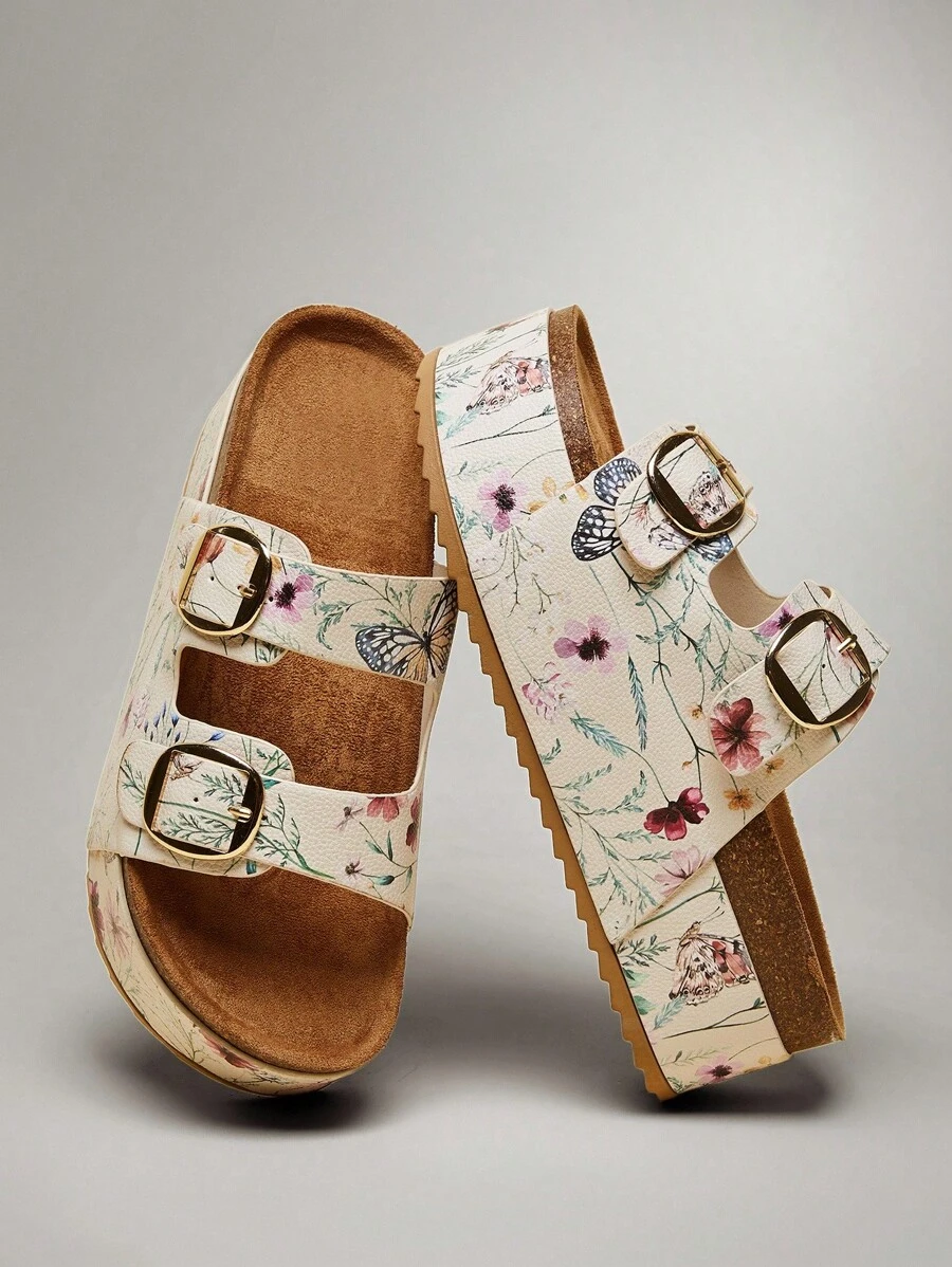 SHUZIA 女式新款坡跟厚底一脚蹬凉鞋，舒适简约休闲露背拖鞋 - 米色 - 查看 1