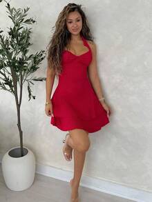 RebeccaVibe Sexy Backless Red Mini Dress With Neck Tie, Ruched Hem And Double Layer, Suitable For Party, Date, Valentine's Day,Summer Dresses For Women - Red - View 5