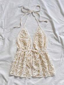 Soleia Women's Romantic Vacation Beaded Embroidered V-Neck Tie Backless Camisole Top, Suitable For Holiday, Date, Valentine's Day, Afternoon Tea, Party, Wedding Season, Beach, Spring/Summer Vacation, Cruise, Music Festival, Boho Lace Two Piece Set Crochet Two Piece Set Cream Two Piece Set Lace Top Crochet Top,Party Lace Halter Top Crochet Halter Top - Apricot - View 5