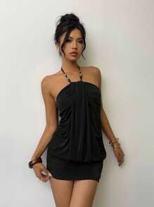 Aloruh 女式纯色串珠露背性感无袖迷你连衣裙 - 黑色 - 查看 5