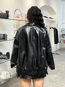 SHEIN EZwear Plus Drop Shoulder Zip Up PU Leather Jacket Winter Fall Autumn - Black - View 2
