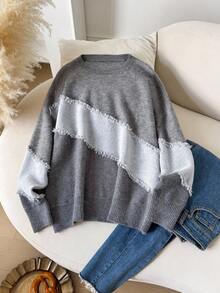 CosyJoli Suéter de cuello redondo informal de talla grande con bloque de color, bigote de gato y flecos - Gris - Ver 5