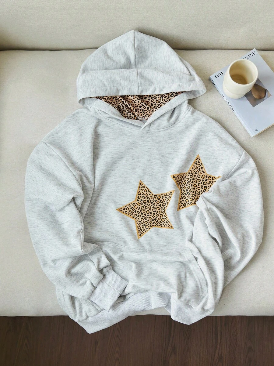 Elamini Áo hoodie họa tiết da báo thường ngày có họa tiết ngôi sao dành cho nữ - Màu Xám nhạt - Xem 1