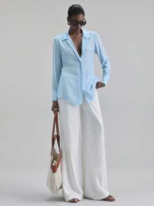 Ontre Women's Blue Collar Long Sleeve Shirt, Minimalist Fashion Urban Business Casual Blouse For Office, Island Resort & Outdoor Wear - Blue - View 4