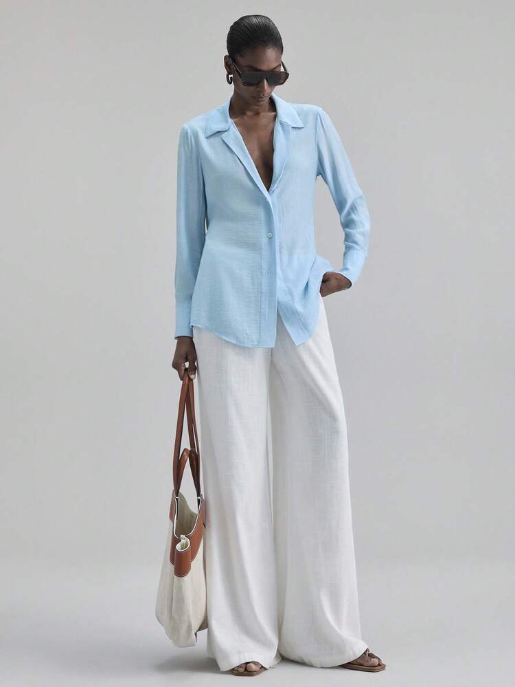 Ontre 女式蓝领长袖衬衫，简约时尚都市商务休闲衬衫，适合办公室、海岛度假村和户外穿着 - 藍色 - 查看 4