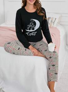 RueChic 100% Cotton 2Pcs  Cute Animal Printed Pj Set - Black - View 6