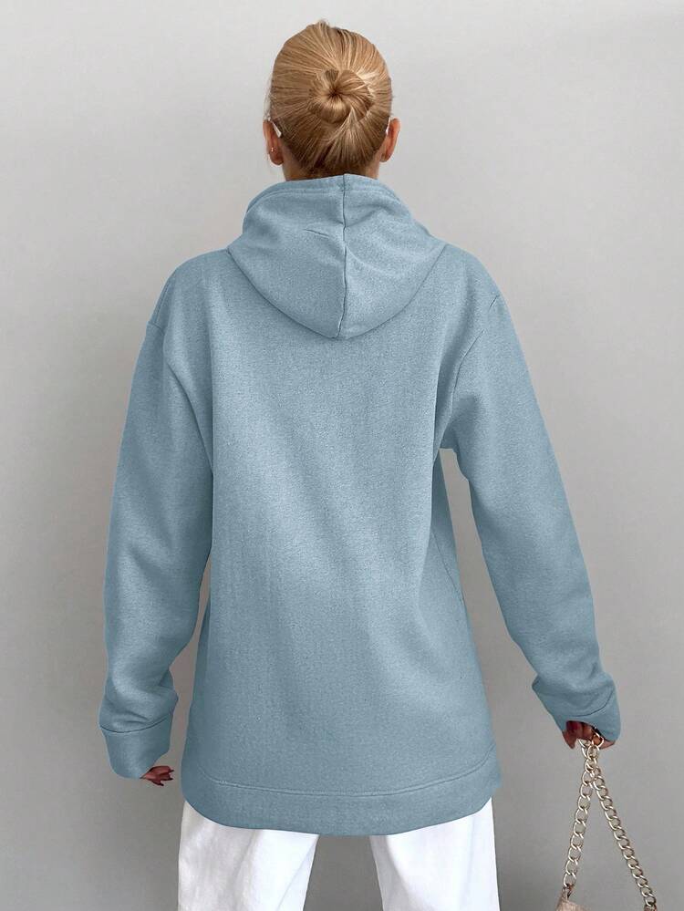 Hooded Sweatshirt With Text Print And Drawstring Design - Baby Blue - View 2