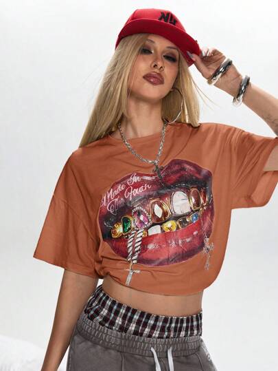 Grunge Punk T-shirt oversize pour femme avec imprimé lèvres California Girl