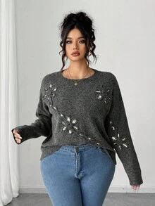 Elenzga Plus Size Loose Elegant Modest Beaded Floral Pullover Sweater Fall Winter Cloth For Women Autumn