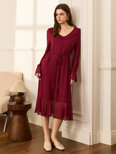 网纱拼接荷叶边下摆优雅成熟女士睡裙，秋冬款