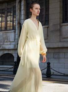 Lumivelle 婚礼宾客礼服 秋季连衣裙 秋季女装 女士优雅休闲V领纹理面料收腰长灯笼袖连衣裙 休闲装 春季大学服装 - 杏色 - 查看 3