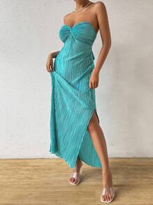 Rafferiza 女士优雅蓝色褶皱露肩扭纹前开襟连衣裙，适合夏季长款女装