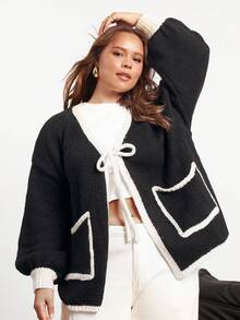 Solavibe Plus Size Casual Colorblock Drawstring Cardigan Sweater - Black - View 8