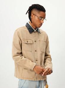 ROMWE MEN Street Life Giacca di jeans da uomo con colletto a contrasto e tasche multiple con bottoni