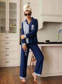 撞色条纹藏蓝色睡衣家居服套装，舒适优雅的细节设计，秋冬服装 - 藍色 - 查看 1
