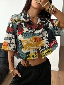 Coolane 女士夏季四季街头服饰嘻哈复古学院风短款格子宽松短款图案衬衫女式短款衬衫 - 彩色 - 查看 3