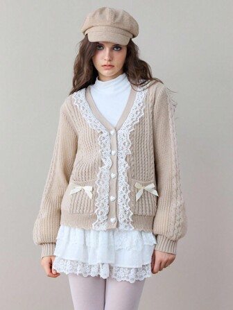 Kawaii Women's Casual Everyday Contrast Lace Bow Decor Front Button Cardigan