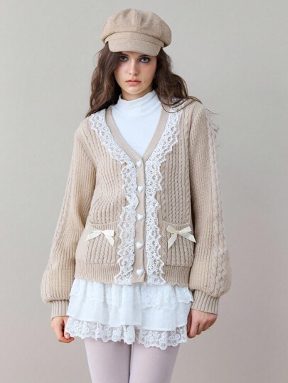 Kawaii Women's Casual Everyday Contrast Lace Bow Decor Front Button Cardigan