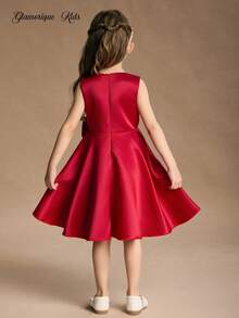 Glamorique Kids Red Summer Satin Traditional Wedding Kids Dress,Girl's Princess Big Bow Puff Ball Gown,Christmas Santa New Year Partywear,Piano Performance Birthday - Red - View 2