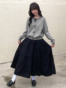 DAZY Teen Girl Contrast Color Bow Decor Round Neck Long Sleeve Single-Breasted Casual Cardigan Sweater Fall/Winter - Grey - View 3