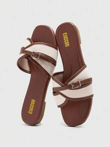 CUCCOO BIZCHIC Women's Fashion Brown Simple Buckle Color Block Flat Sandals Spring Shoes Summer Shoes - Brown - View 9