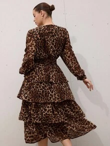 Aveloria Modichic Leopard Print Vintage V-Neck Waist Cinched Plus Size Layered Dress With Long Sleeves - Multicolor - View 2