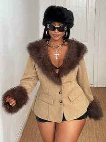 Maweii 2025 Plus Size Women's Elegant Date Night Fashion Dramatic Fur Collar Decor Chic Overcoat, Autumn/Winter Fall